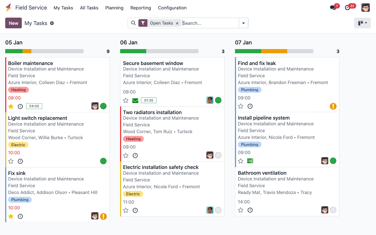 Field service tasks in Odoo for maintenance and repair visits, organised by day
